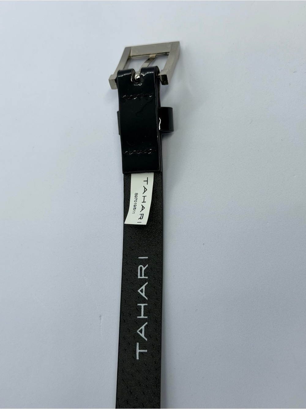 Tahari Black Leather Belt with Silver-Tone Buckle and Logo Strap